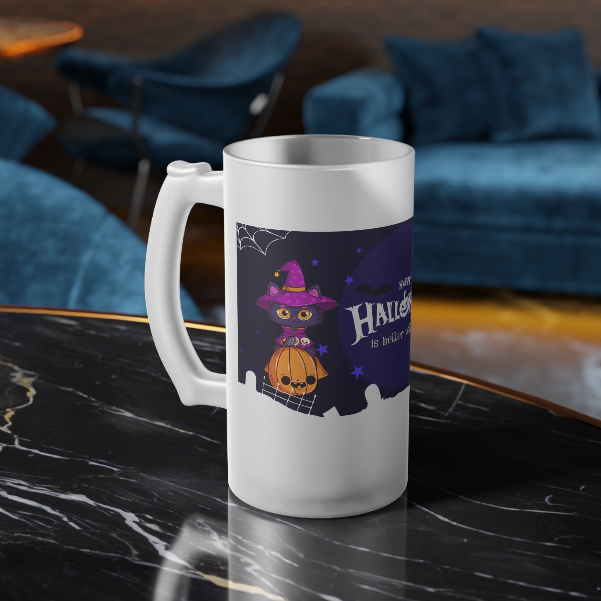 Happy Halloween with Witch's Cats | Frosted Glass Beer Mug